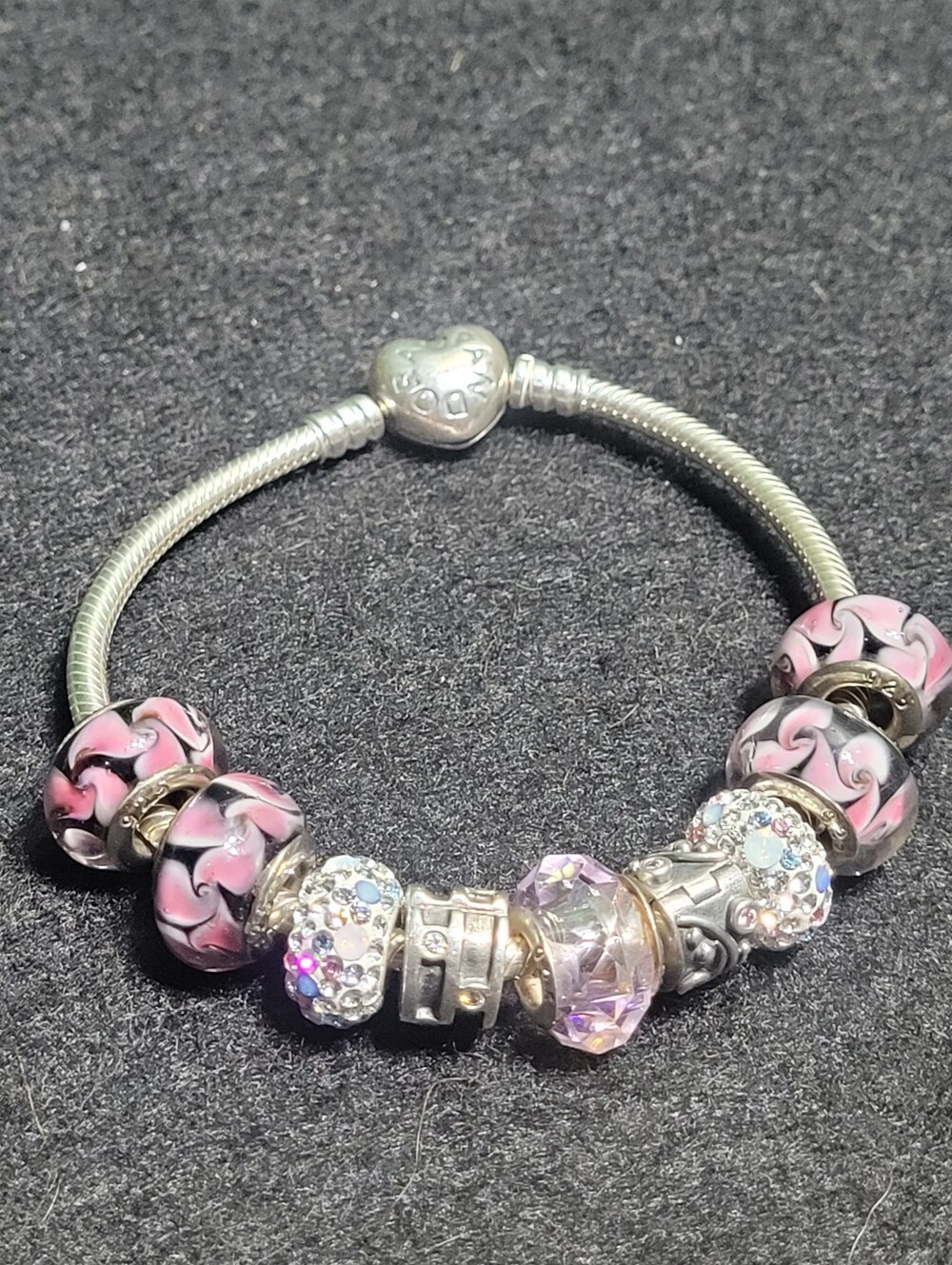 Pandora Moments Heart Clasp Bracelet with Pink Murano & Sparkling Crystal Charms